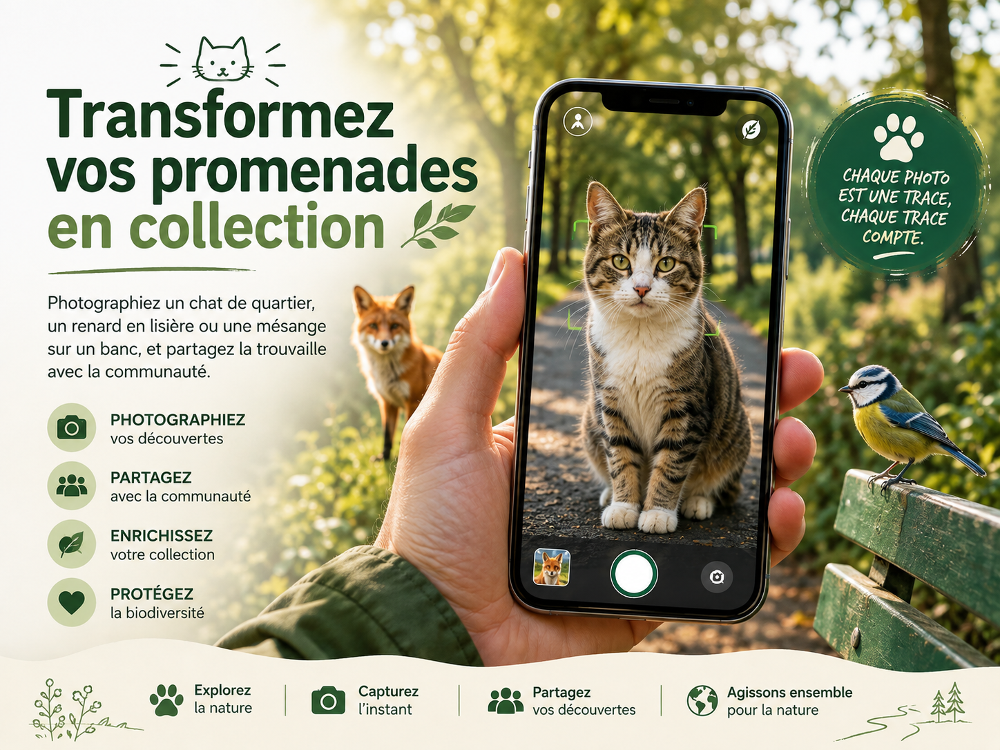 Photographier un chat, un renard et une mésange lors d'une promenade avec Spotdy